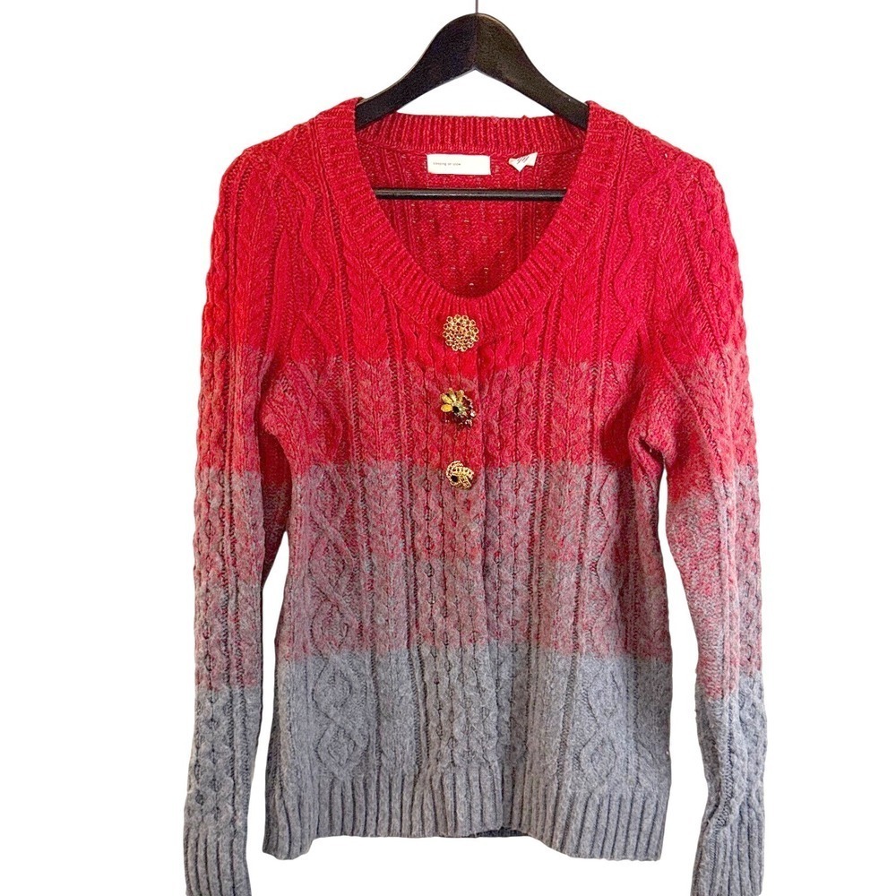 Sleeping‎ on Snow Anthropologie Red Grey Ombre Cable Knit Cardigan Jeweled M
